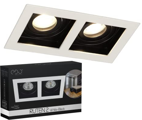 EDO RUTEN - 2 faretti da incasso doppi, GU10 orientabili, lampada da soffitto quadrata in alluminio, bianco/nero opaco, illuminazione interna per cucina, soggiorno, corridoio - EDO777129