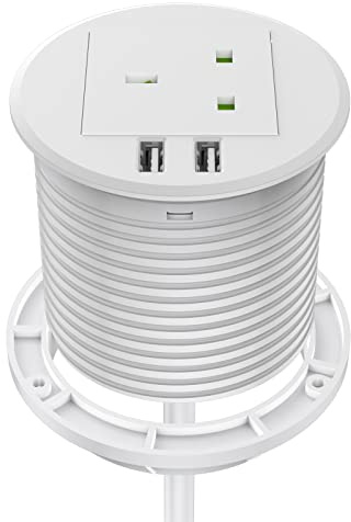 Desk Socket with USB, Haylink Desktop Power Grommet 80mm Cut-Out Hole In Desk Power with 1 UK Plug, Power Socket Extension Connect 6.56ft Extension Cord(White)
