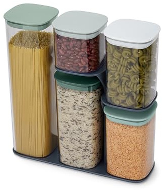Joseph Joseph 5 piece Podium Airtight Kitchen Food Storage Jar Container Set with Stand, Editions Sage Green