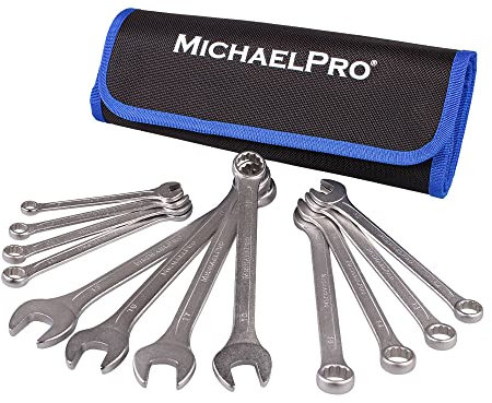 MichaelPro MP001091 12-Piece Combination Spanner Set, Spanner Sets, Spanners & Wrenches, Metric Spanner Set, Size: 8,10,11,12,13,14,15,16,17,18,19mm, 13-Degree Angled Socket with Rolling Bag