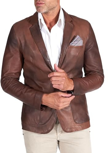 D'Arienzo Blazer in Pelle Naturale Marrone Nuvolato da Uomo Giubbino Primaverile Giacca Elegante Vera Pelle Made in Italy Luke 56/Marrone