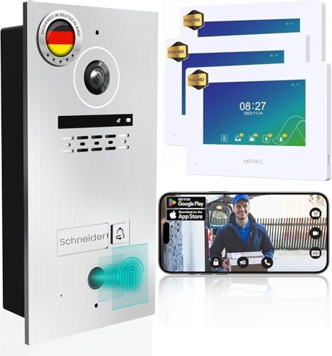 MATHFEL 2 Draht Bus WLAN Video Türsprechanlage mit Fingerprint, Gegensprechanlage Fischaugenkamera 170 Grad Aluminium Außenstation, 3x7'' Monitor weiß mit WLAN Schnittstelle