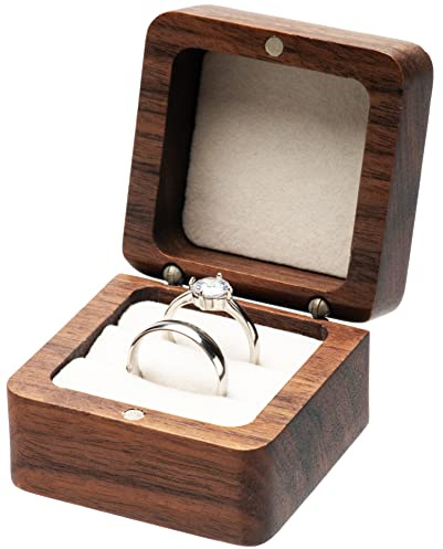 COSISO Square Solid Wood Double Ring Box Case for Wedding Ceremony Engagement Proposal,Wooden Ring Holder for 2 Rings (Beige Inner)