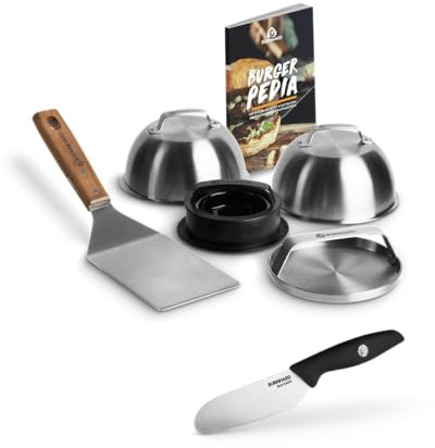 BURNHARD Set de Hamburguesas Acero Inoxidable Smasher, Prensa para Hamburguesas, Espátula de Parrilla, Campanas para Hamburguesas, Recetario, Cuchillo para Panecillos, Brochetas para Hamburguesas –