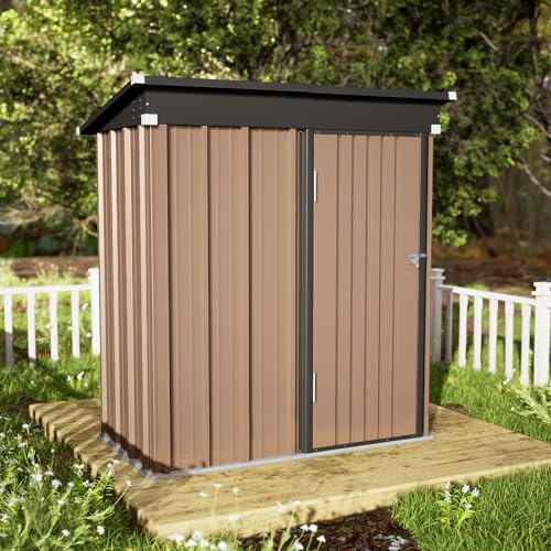 Amopatio Metal Garden Storage Shed 5x3 ft, Small Storage Shed 162x92x182 cm, Outdoor BikeShed Waterproof with Lockable Door for Winter, Backyard, Patio, Garbage Bin, Tools, Brown