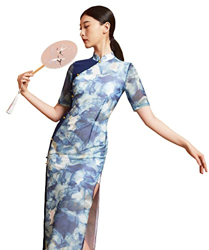 ROYAL SMEELA Abito Cinese Blu Qipao Abito Cinese Tradizionale Donne Vestito Stile Cinese Cheongsam Fiore Maniche Corte Abiti Tradizionale Cinese Fiore Stampa Abito da Sera Cocktail Abito da Festa