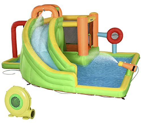 Outsunny Aufblasbare Hüpfburg, Spielburg, Sprungbereich mit Rutsche, Boxsack, Ballring, Tunnel, Wasserpistole, Wasserpark für Kinder 3 bis 8 Jahre, Outdoor 478 x 440 x 210cm