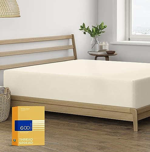 THREAD SPREAD Queen Size Fitted Sheet - 100% Egyptian Cotton 600 Thread Count Deep Pocket, Sateen Bottom, Fits Mattress Upto 18 - Ivory