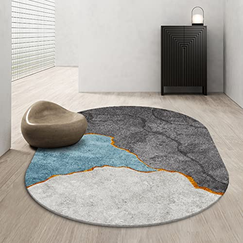 Tappeti Design Kurzflor Wohnzimmer Teppich Schlafzimmerteppich Abstrakte Kunst im nordischen Stil, Blaue Goldlinien, Waschbar Küchenteppich Oval 140x220cm