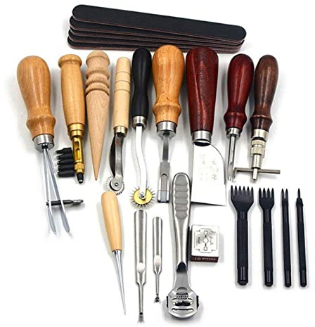 Herramienta de Artesanía de Cuero - Kit de 19 Piezas para Punzonado, Costura, Tallado y Remaches DIY Hechos a Mano