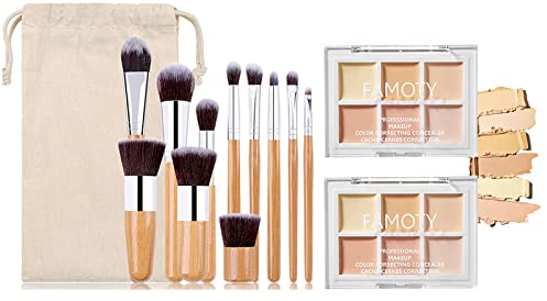 Holzsammlung 6 Farben Concealer Abdeckcreme Camouflage Palette mit 11 Stück Kosmetikpinsel, 2er-Set Cosmetics Creme Konturen Kit Makeup Conceal Palette zum Abdecken, Highlighten und Konturieren