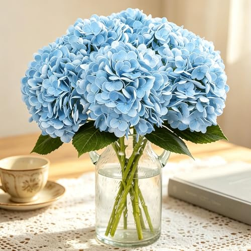 Kisflower Lot de 3 fleurs d'hortensia artificielles en latex au toucher réaliste avec tiges pour fête de mariage, bureau, décoration d'intérieur (bleu)