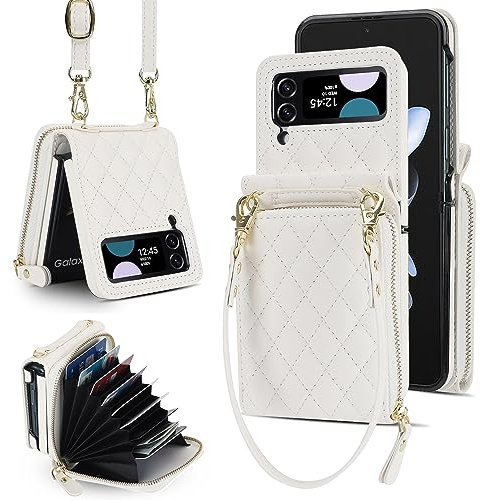 XIZYO Fermeture à Glissière Paquet de Cartes Flip PU Cuir Coque pour Samsung Galaxy Z Flip 3, avec Lanière Amovible et Réglable, Housse Filles Femmes Mignon Luxe avec Porte-Cartes, Blanc