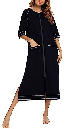 KBOPLEMQ Peignoir femme avec fermeture éclair, peignoir femme léger doux à capuche, vêtements de détente, manches longues, vêtements de nuit, chemise de nuit, peignoir classique cardigan à col rond