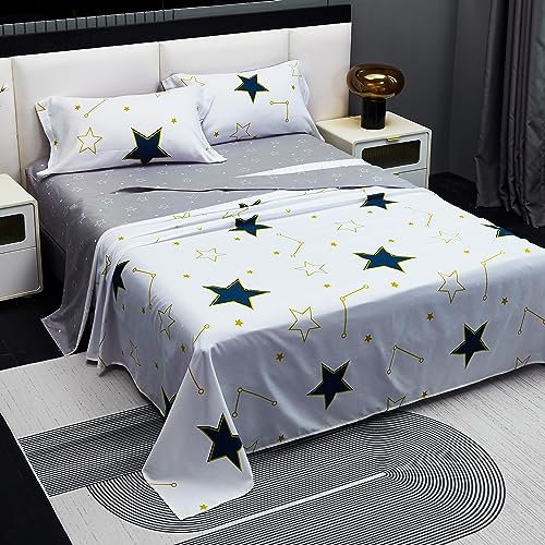 H HANSEL HOME Juego de Sábanas Cama 150x190/200cm 4 Piezas, Microfibra Extra Suave, Bajera Ajustable, Encimera, 2 Fundas de Almohada - Sábanas Estampadas Estrellas