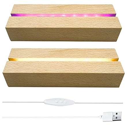 2Pcs Wooden LED Night Light Base, 7 Colors Brightness Adjustable Rectangular Wooden Lighted Base for Acrylic Crystal Glass Plate Resin Art