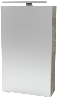 FACKELMANN Stanford Spiegelschrank mit LED-Beleuchtung – Alibertschrank für Bad und Gäste-WC (40 x 68 x 15,3 cm) – SBC Badschrank mit Spiegel in Holz Braun – Tür rechts