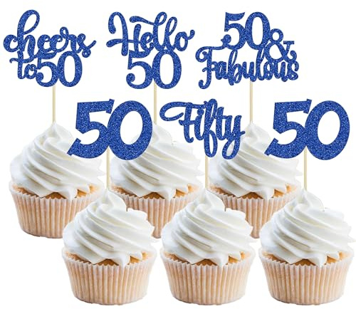30Pcs Happy 50th Birthday Cupcake Toppers Deep Blue Glitter Fifty Cheers to 50 Years Old Birthday Cupcake Picks for 50th Birthday Anniversary Party Cake Decorations Supplies
