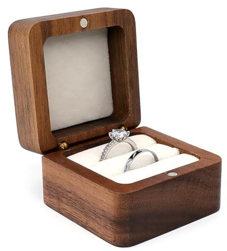 Asudaro Walnuss Holz Ring Box, Ringschachtel Hochzeit Ringetui Samt Schmuck Geschenkbox Hochzeitsring-Schatulle Ehering Geschenkbox Schmuckkästen für Verlobung, Heiratsantrag, Hochzeit weiß-doppelt