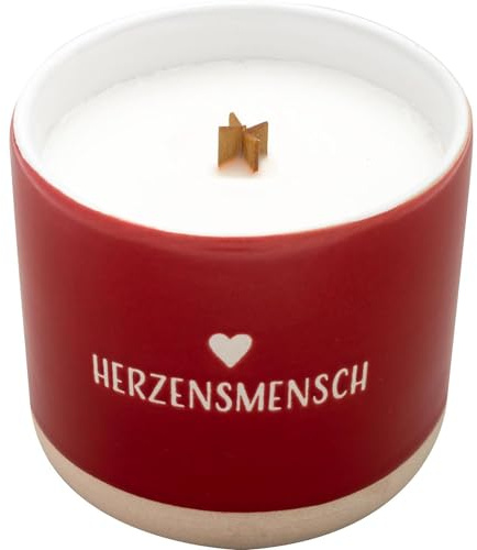 GRUSS & CO Kerze mit Motiv Herzensmensch | Kerze in Steinzeug-Becher, Sojawachs, mit Holzdocht, Höhe 7,6 cm, Durchmesser 8,6 cm | Dekoartikel, Geschenk | 73942