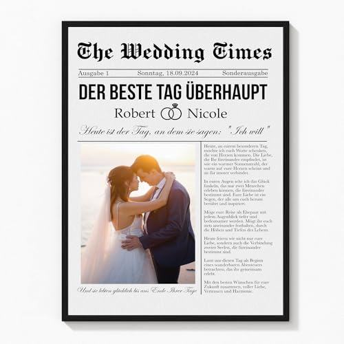 Deutsam Personalisiertes Poster Wedding Times als Geschenk zur Hochzeit Hochzeitsgeschenk mit Foto von Ehepaar Tageszeitung Zeitschrift Geschenkidee