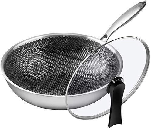 Wok para inducción Sartén Antiadherente de Acero Inoxidable 304 Wok Sin Recubrimiento Olla de Humo sin Aceite Estufas de Gas Cocina de inducción Wok Universal (Tamaño: 32 cm) (34 c