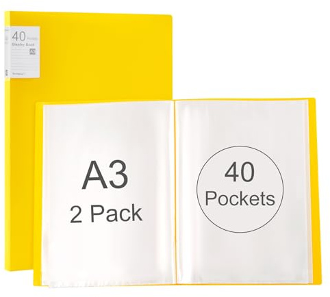 Srvnpioy 2 Pezzi Portalistino A3, 40 Tasche Trasparenti, Porta vista A3 80 viste, Presentazione Mostra Libro per opere d'arte, fogli report, Giallo