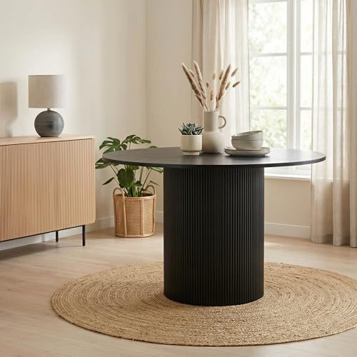Furniturebox UK Dining Table - 'Penrose' Black 120cm 4-6 Seat Round Wooden Pedestal Dining Table - Melamine Veneer - Slatted Wood Pillar Leg - Modern Scandi Japanese Style Dining Furniture