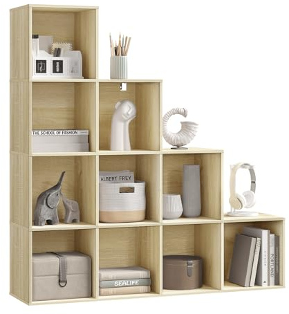 WOLTU Étagère à Livres, Étagère d'Escalier avec 10 Cubes, en Bois d'Ingénierie Chêne Clair pour Salon, Bureau, Chambre à Coucher, 120x30x120cm, SK062hei