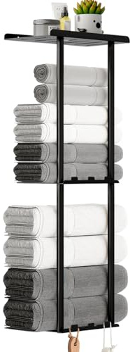 KISENG Towel Racks for Bathroom, 3 Tier Metal Towel Holder, with Shelf & 6 Hooks, 29 inch Wall Mounted Towel Storage, 6 Large Bath Towels Capacity,Small Bathroom Towel Rack for Rolled Towels, Black