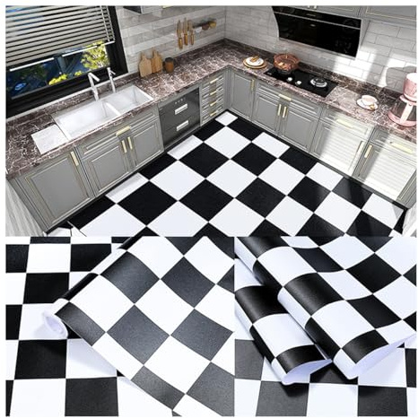 Rouleau de revêtement de sol en vinyle antidérapant pour salle de bain, cuisine, salon, motif damier noir et blanc, 60 cm x 1 m
