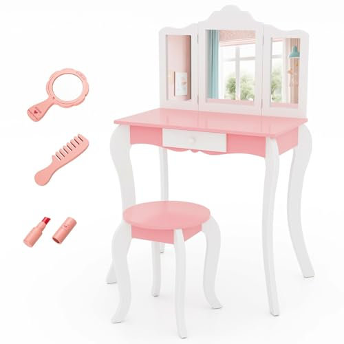 LIFEZEAL Specchiera Trucco Bambina, Toeletta Trucco Bambina, con Specchio Rimovibile, Sgabello e Cassetto, Postazione Trucco Bambina, in Legno, Tavolo Trucco per Bambina 3-7 Anni, Bianco