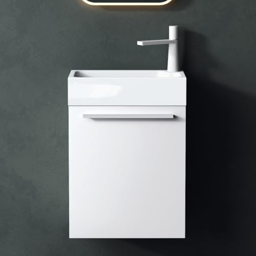 Mai & Mai Badmöbelset Kleiner Waschbeckenunterschrank mit Waschschbecken | Pisa,46 cm, Unterschrank in Weiß Matt, aus Mineralguss für Gäste-WC