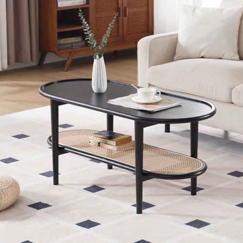 chairus Couchtisch Oval Holz mit Rattan Regal Wohnzimmertisch Schwarz | Beistelltisch für Wohnzimmer, Schlafzimmer Kleiner Kaffeetisch mit Stauraum, Couchtisch Vintage Coffee Table