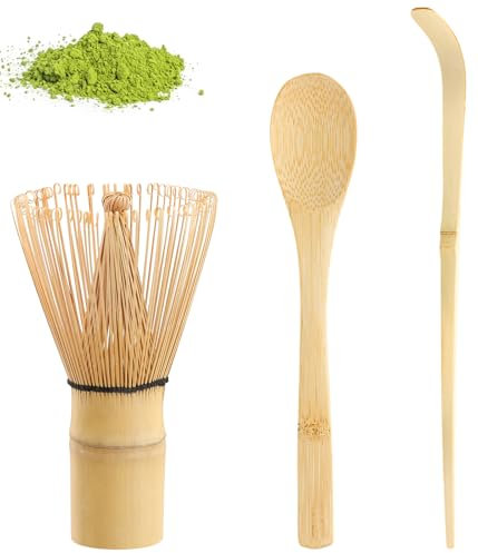 BLUESEABUY Fruste di Bamboo Set di 3 Pezzi giapponesi Matcha con 2 cucchiai Matcha 1 frusta Matcha in bambù 80-100 setole