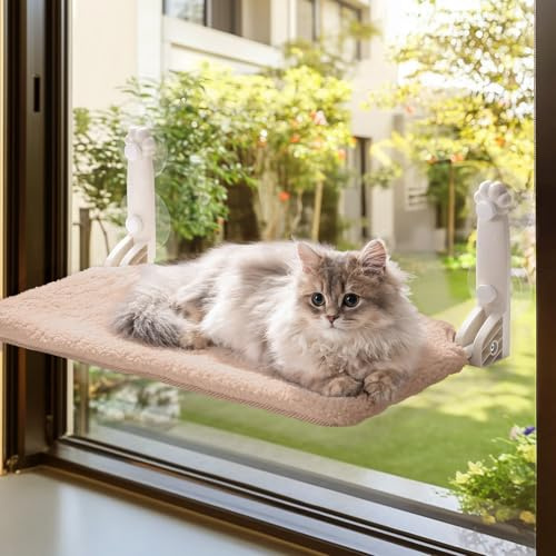 MEWOOFUN Hamac de fenêtre pour chat d'intérieur – Perchoir de fenêtre pliable pour chat réversible, ventouses puissantes, robuste (marron, M)