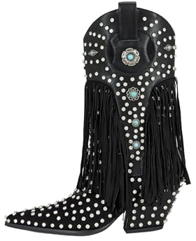 sexytag Rhinestone Cowboy Boots for Women Fringe Mid Calf Cowgirl Boots Embellishments Turquoise Flower Studded Western Booties Pull On Pointed Toe Chunky Heels Wide Calf Bootie Black Size 8