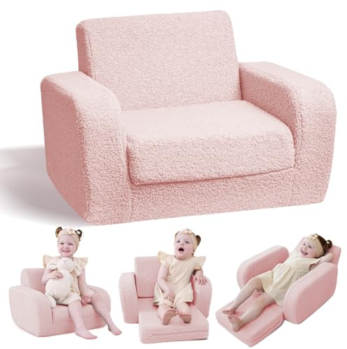KidBloom 3 in 1 Kids Sofa Bed, Pink Foldable Toddler Chair, Plush Baby Sofa, Baby Chairs 1 2 3 Year Old