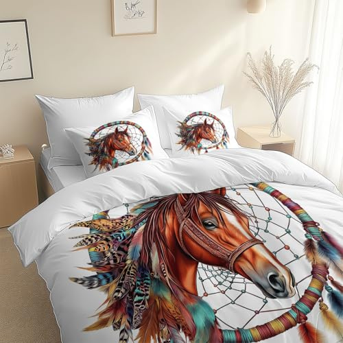 Juego de Funda Nórdica 3 Piezas para Cama 135/150-220 x 240 cm, Microfibra Extra Suave Transpirable - Animales Caballos Plumas Incluye 1 Funda nórdica y 2 Fundas de Almohada, Marfil