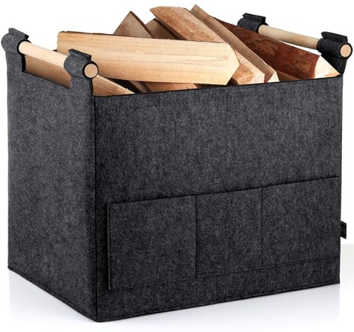 BONTHEE Panier en feutre pour bois de chauffage, pliable, avec poignées renforcées, 44 x 25 x 34 cm, gris foncé