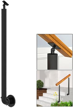 Stair Railings Handrail Banister Metal Iron Posts for Outdoor Front Porch, Round Tube Fence Deck Columns with Screws Kit, Side-Mounted/Black(90cm(35.4in))