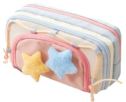 Girls Pencil Case,Large Capacity Pencil Cases Pouch Pen Case, 8-Layer PencilCase Pen Organizer with Mesh Bag & Star Pin Decor, School College Office Pens Storage for Teens Girls Student (Blue)