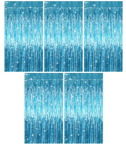 5 Stück Lametta Vorhang Blau, 1mx2m Glitzer Vorhang Geburtstag, Metallische Glitzervorhang Fringe, Tinsel Curtain, Glitzervorhang Lametta fur Party Deko Geburtstagsdeko Hochzeit Festivals Bühnendekor