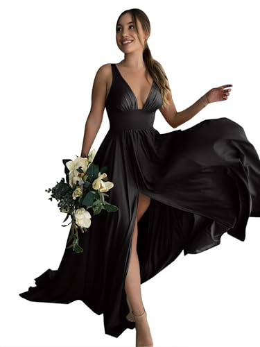 BABYONLINE D.R.E.S.S. Robe Longue de Soirée Femme, Col V Plongeant, Empire, Fendue, Noir, sans Manches 34