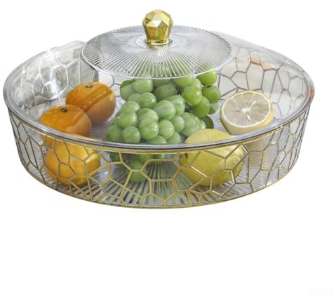 Eawfgtuw For Round Fruit Plate with Lid Clear PET Serving Dish 25cm Food Storage with Cover for Fresh Fruit(Transparent and gold 25 * 25 * 14cm)