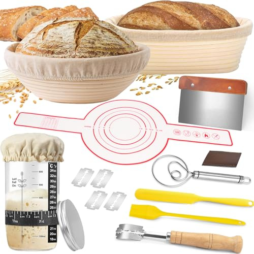 GANGANWU Sourdough Starter Set - Complete Sour Dough Starter Kit with Jar, 9 Inch Round & 10 Inch Oval Sourdough Proving Baske, Bread Making Accessories,Baking Gifts for Professionals and Home Bakers