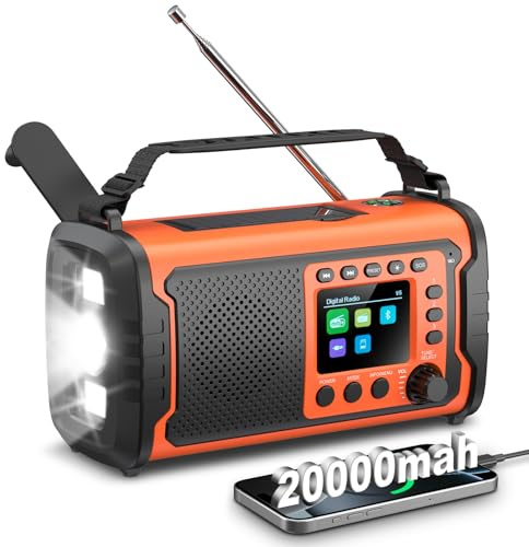 Radio di Emergenza DAB+/FM 20000mAh con Powerbank – Radio Solare e a Manovella con Bluetooth 5.3, SOS, Torcia e Luce Lettura per Campeggio e Blackout（Arancione）