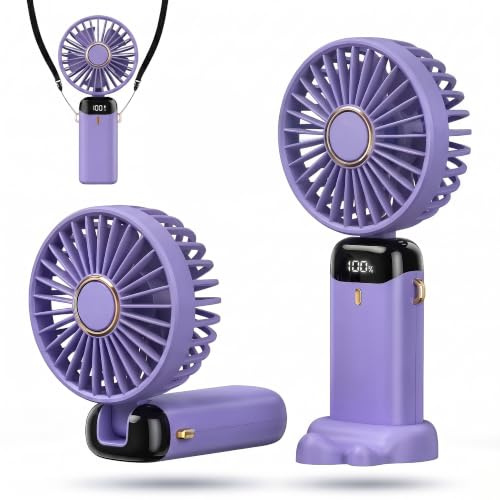 HomlyPro Handheld Fan, 5000mAh Battery-Operated Portable Fan with LED Display, 5 Speeds Strong Airflow & 90° Foldable Design, Small Desk Fans for Home Office Outdoor Travel Essentials (Purple)