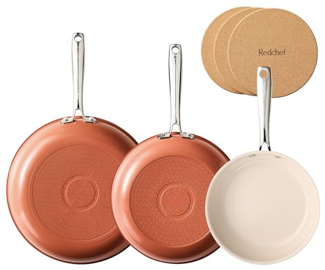 Redchef Ceramic Non Stick Frying Pan Set, 20/24/28cm (8/9.5/11in), Stay Cool Handles, Induction Compatible, PTFE Free, Oven Safe, 3 Cork Pads – Pumpkin Orange