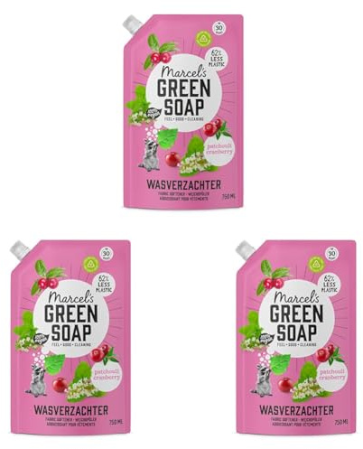 Marcel's Green Soap - Weichspüler Nachfüllbeutel Patschuli & Cranberry - Nachfüllpackung - Mikroplastikfreie Formel - Vegan - 30 Waschgänge - 750 ml (Packung mit 3)